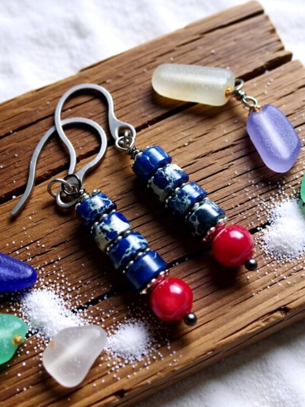 Handmade! Genuine Red Coral & Blue Sea Sediment Jasper Dangle Earrings